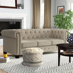 Cream Wool Cotton Blend Geometric Round Pouf Ottoman - 18-inch