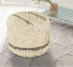 Cream Wool Cotton Blend Geometric Round Pouf Ottoman - 18-inch