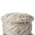 Cream Wool Cotton Blend Geometric Round Pouf Ottoman - 18-inch