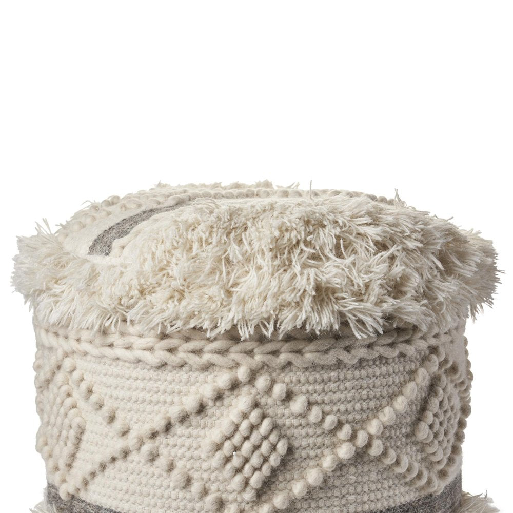 Cream Wool Cotton Blend Geometric Round Pouf Ottoman - 18-inch