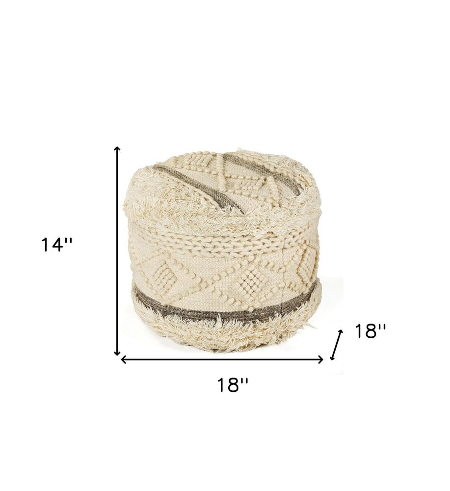 Cream Wool Cotton Blend Geometric Round Pouf Ottoman - 18-inch