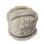 Cream Wool Cotton Blend Geometric Round Pouf Ottoman - 18-inch