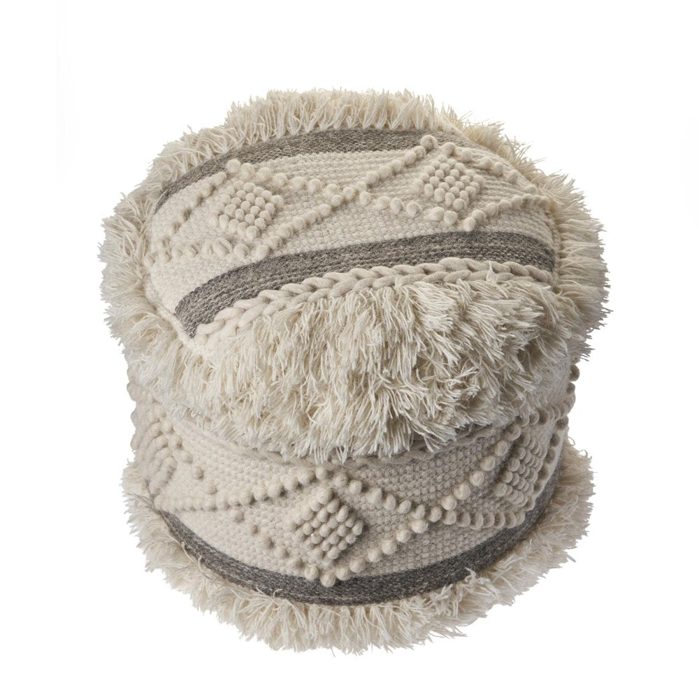Cream Wool Cotton Blend Geometric Round Pouf Ottoman - 18-inch