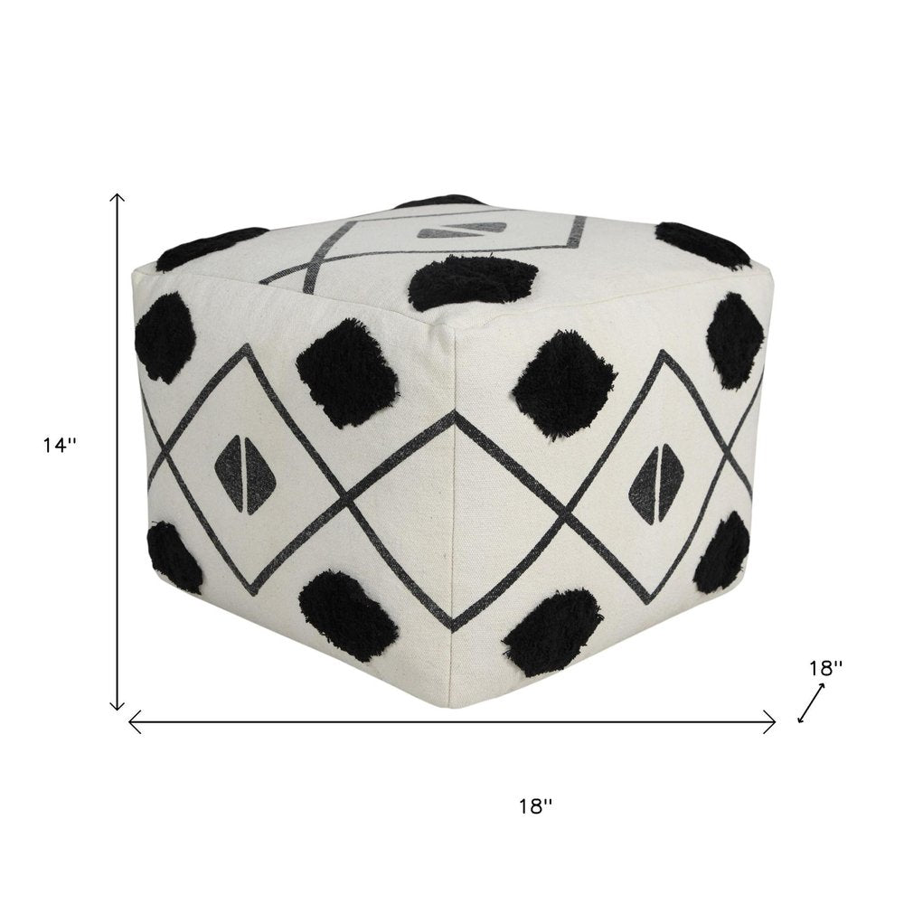 White Cotton Geometric Pouf Ottoman - 18-inch