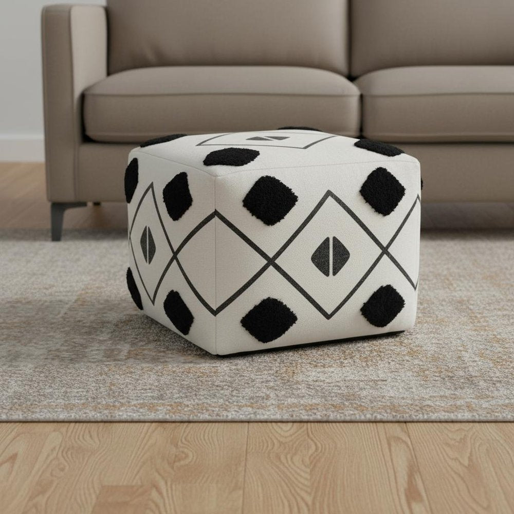 White Cotton Geometric Pouf Ottoman - 18-inch
