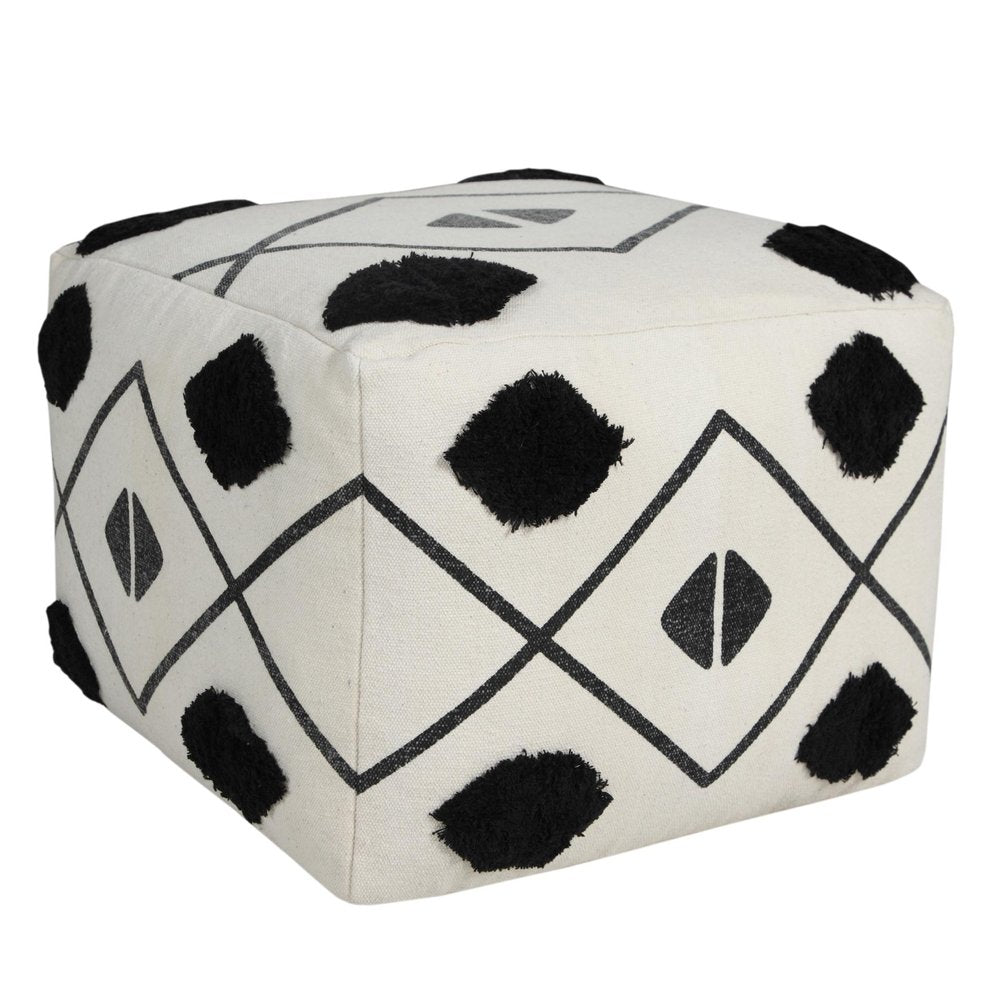 White Cotton Geometric Pouf Ottoman - 18-inch
