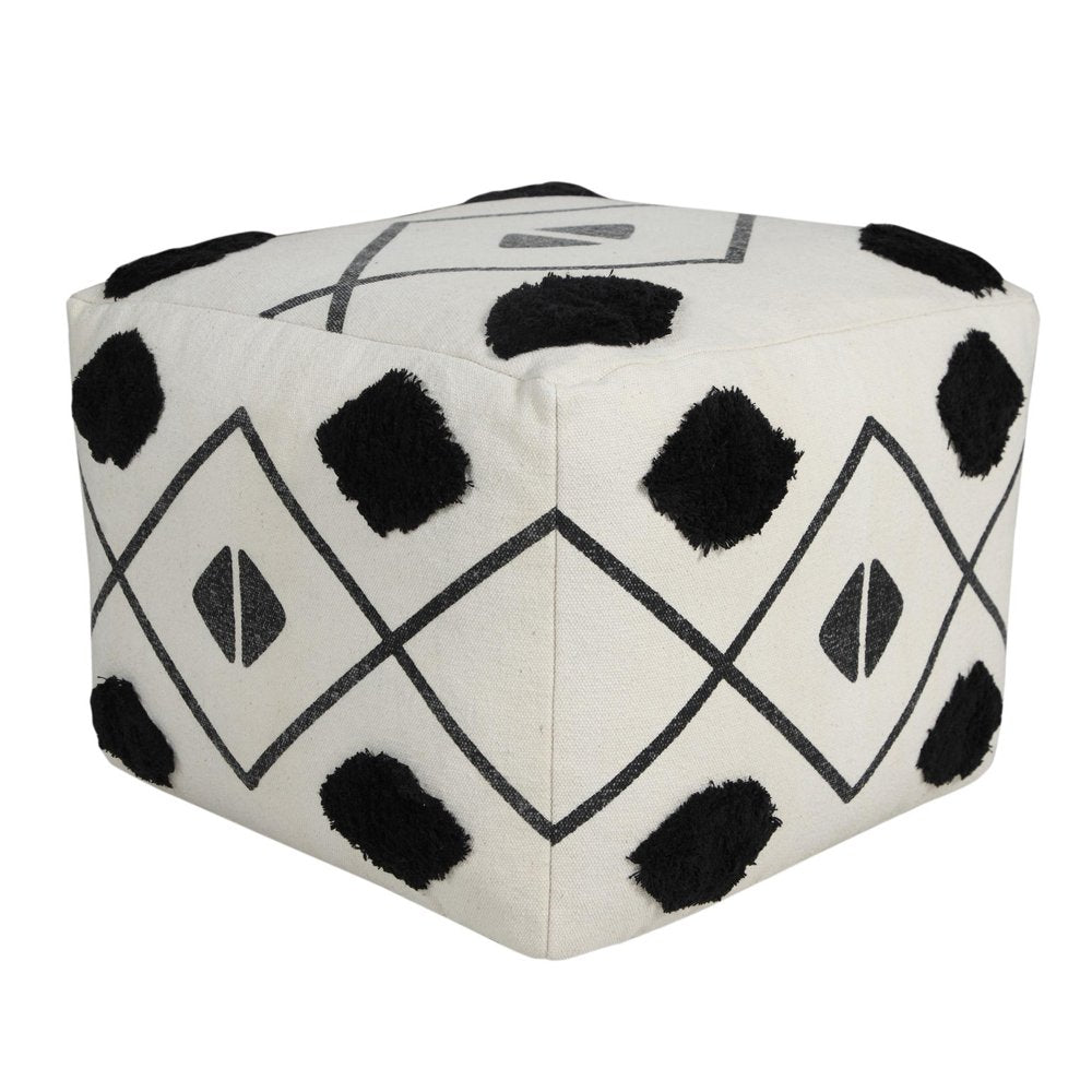 White Cotton Geometric Pouf Ottoman - 18-inch