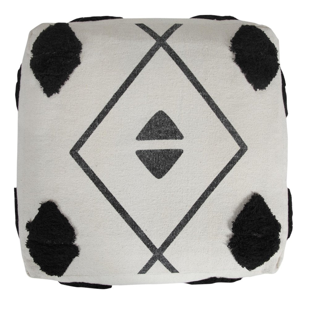 White Cotton Geometric Pouf Ottoman - 18-inch
