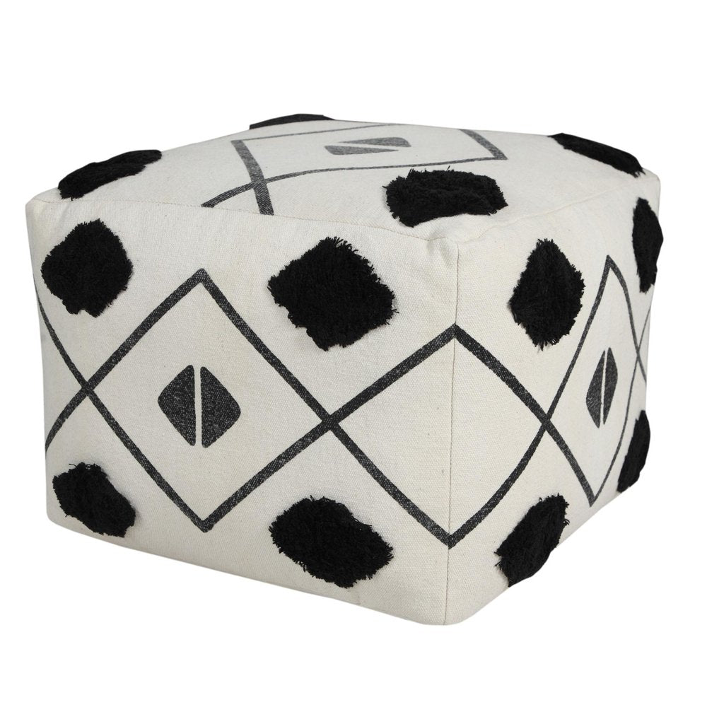 White Cotton Geometric Pouf Ottoman - 18-inch