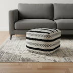 White Cotton Striped Pouf Ottoman - 18-inch