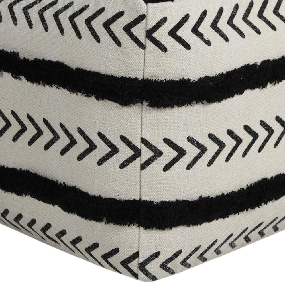 White Cotton Striped Pouf Ottoman - 18-inch