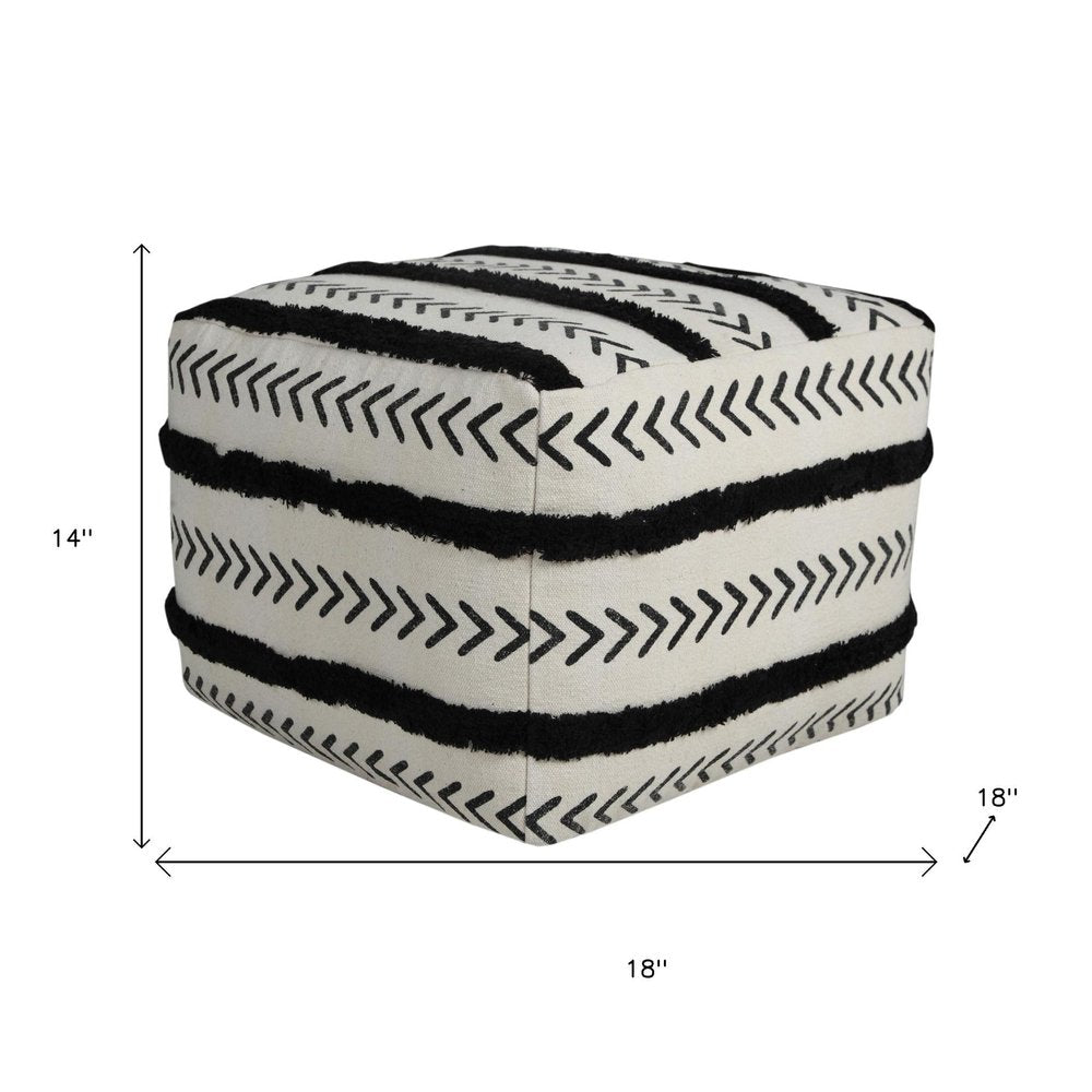 White Cotton Striped Pouf Ottoman - 18-inch