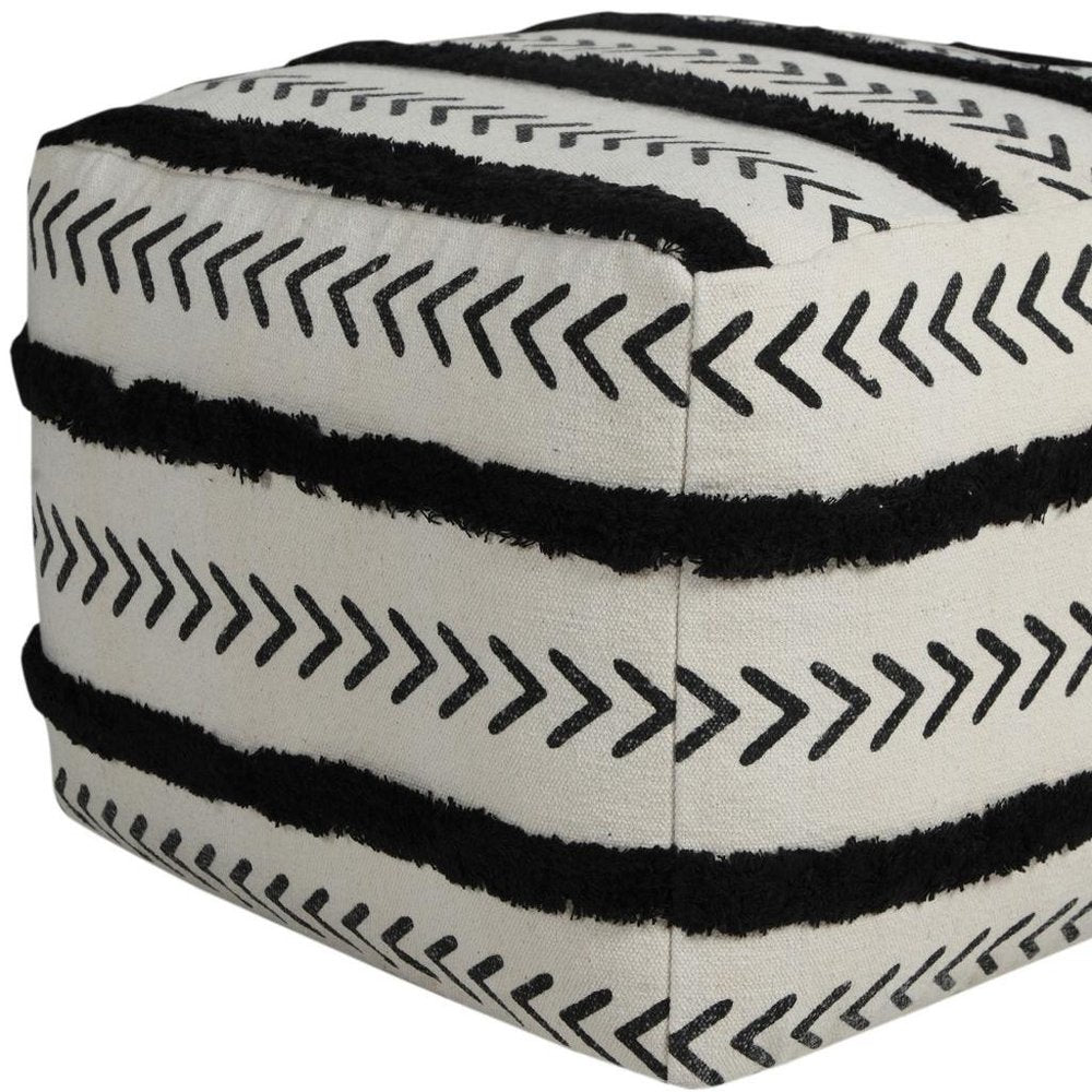 White Cotton Striped Pouf Ottoman - 18-inch