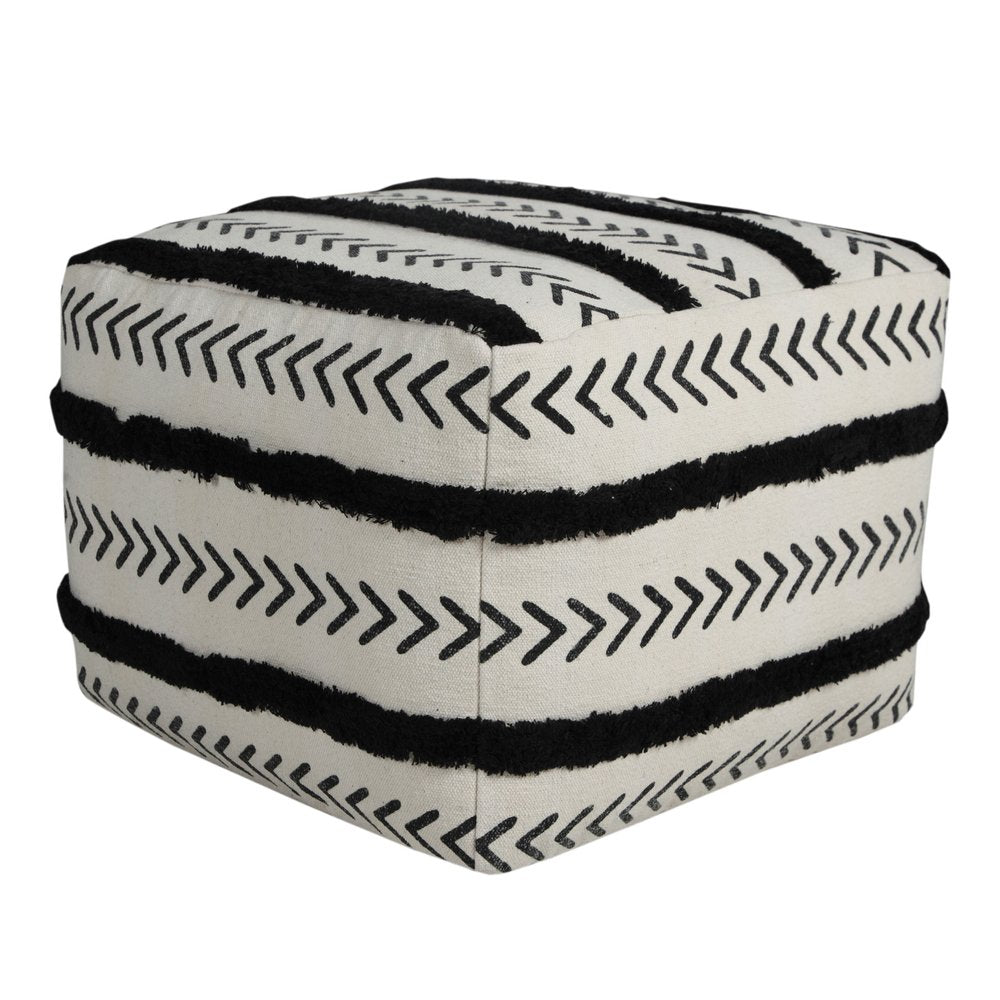 White Cotton Striped Pouf Ottoman - 18-inch