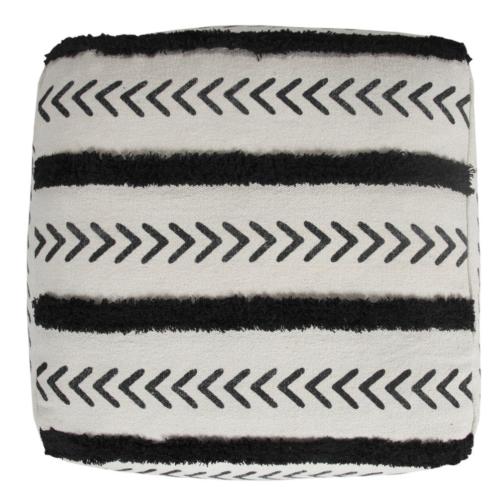 White Cotton Striped Pouf Ottoman - 18-inch