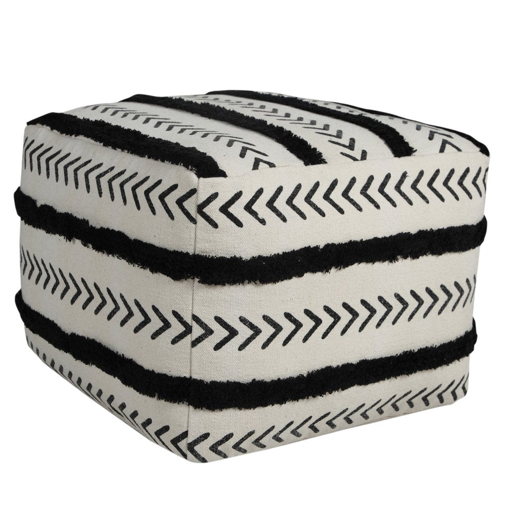 White Cotton Striped Pouf Ottoman - 18-inch
