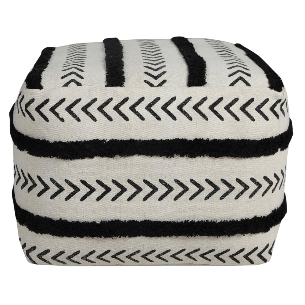 White Cotton Striped Pouf Ottoman - 18-inch
