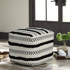White Cotton Striped Pouf Ottoman - 18-inch