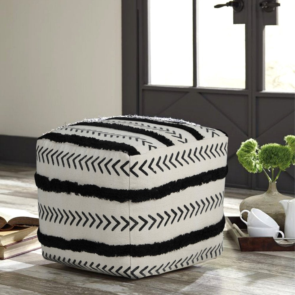 White Cotton Striped Pouf Ottoman - 18-inch