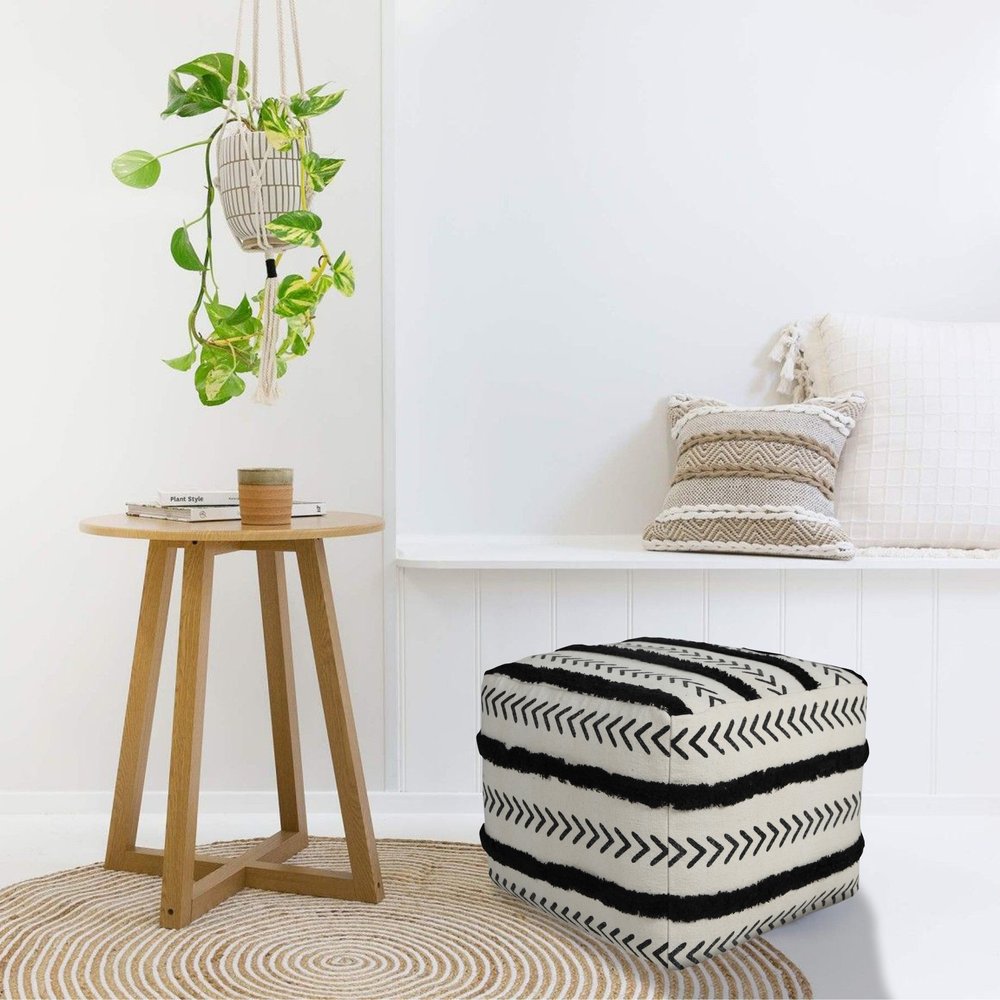 White Cotton Striped Pouf Ottoman - 18-inch