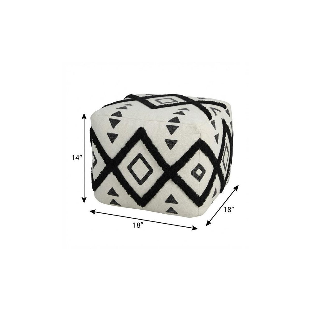 White Cotton Geometric Pouf Ottoman - 18-inch