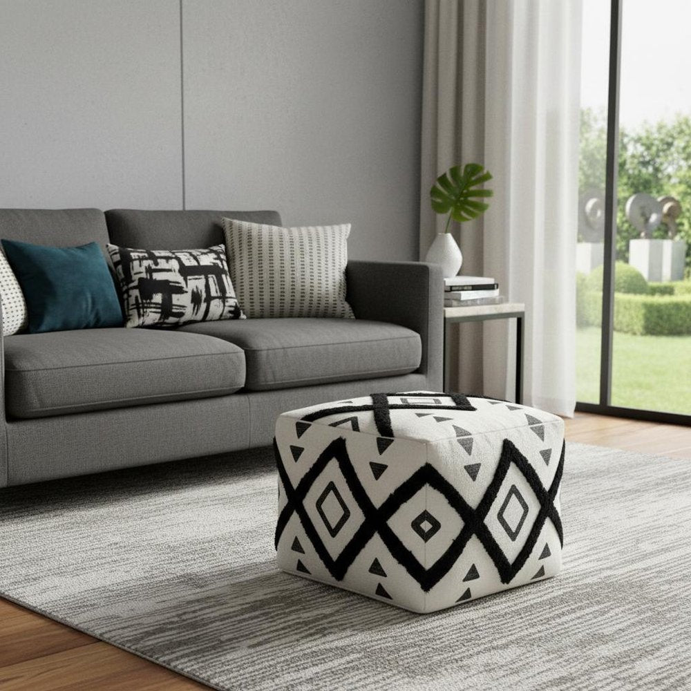 White Cotton Geometric Pouf Ottoman - 18-inch