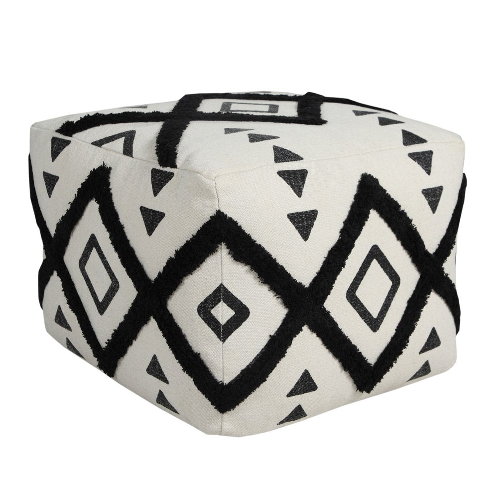 White Cotton Geometric Pouf Ottoman - 18-inch