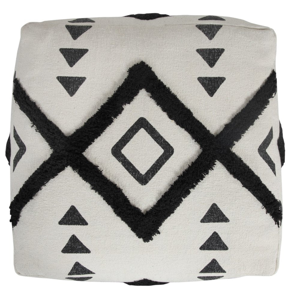 White Cotton Geometric Pouf Ottoman - 18-inch