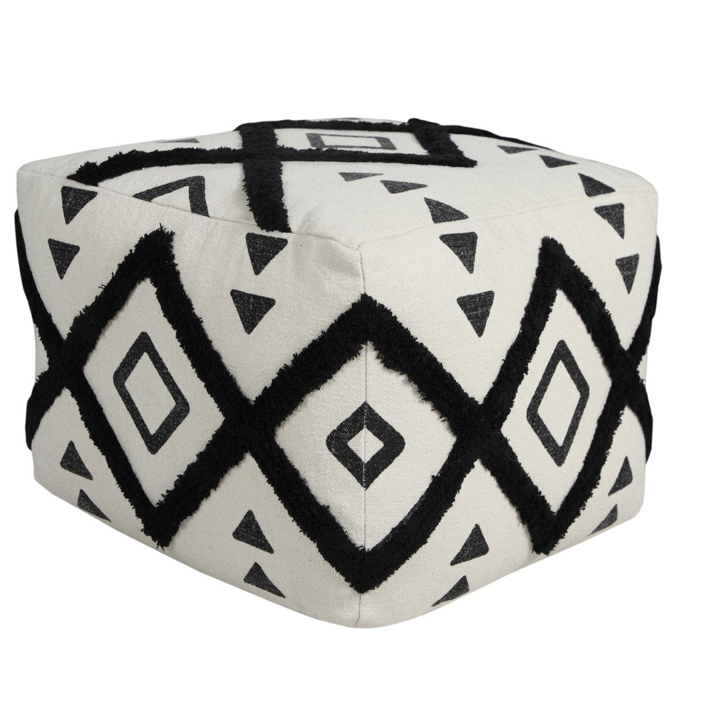 White Cotton Geometric Pouf Ottoman - 18-inch