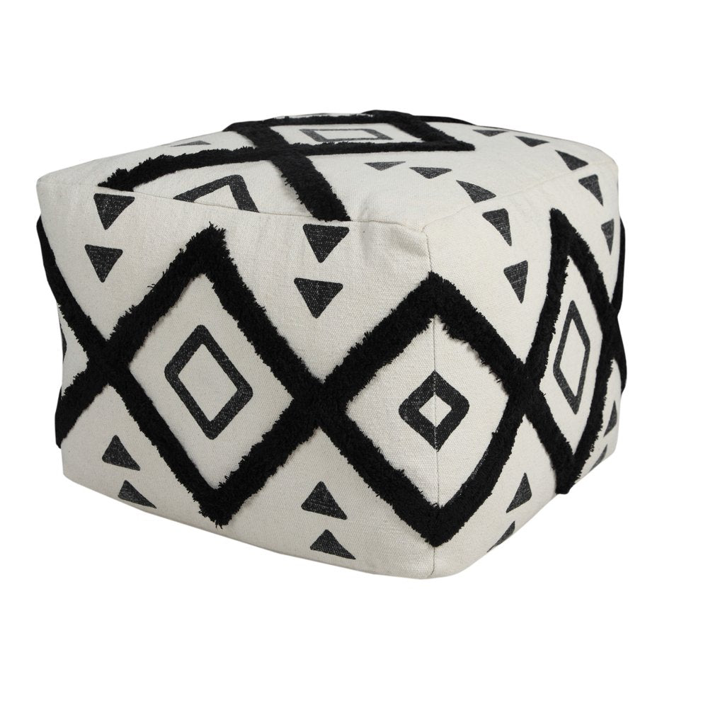 White Cotton Geometric Pouf Ottoman - 18-inch