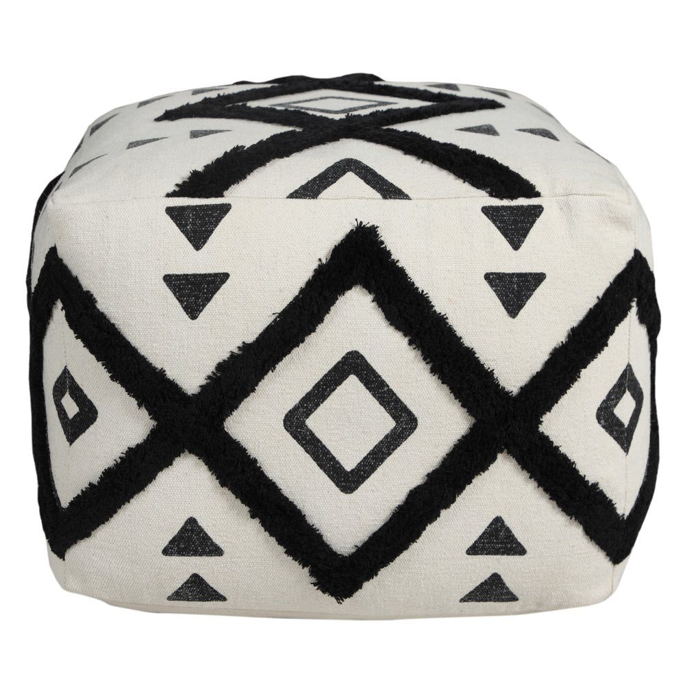 White Cotton Geometric Pouf Ottoman - 18-inch