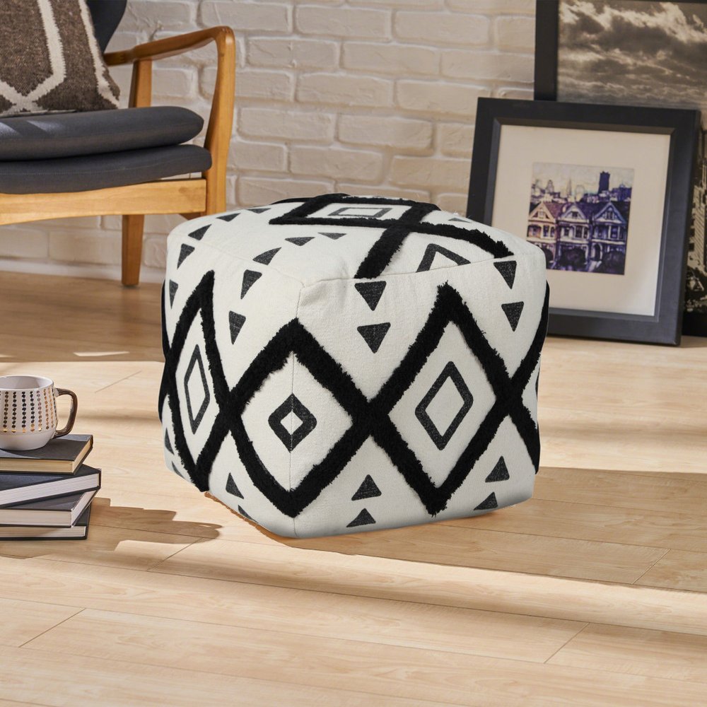 White Cotton Geometric Pouf Ottoman - 18-inch