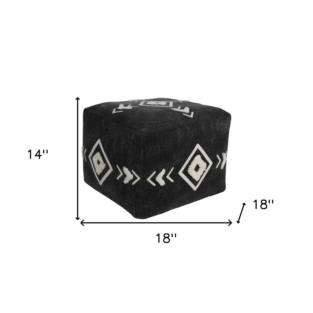 Black Cotton Geometric Pouf Ottoman - 18-inch