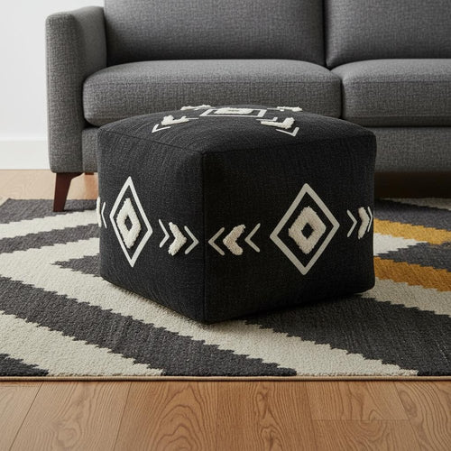 Black Cotton Geometric Pouf Ottoman - 18-inch