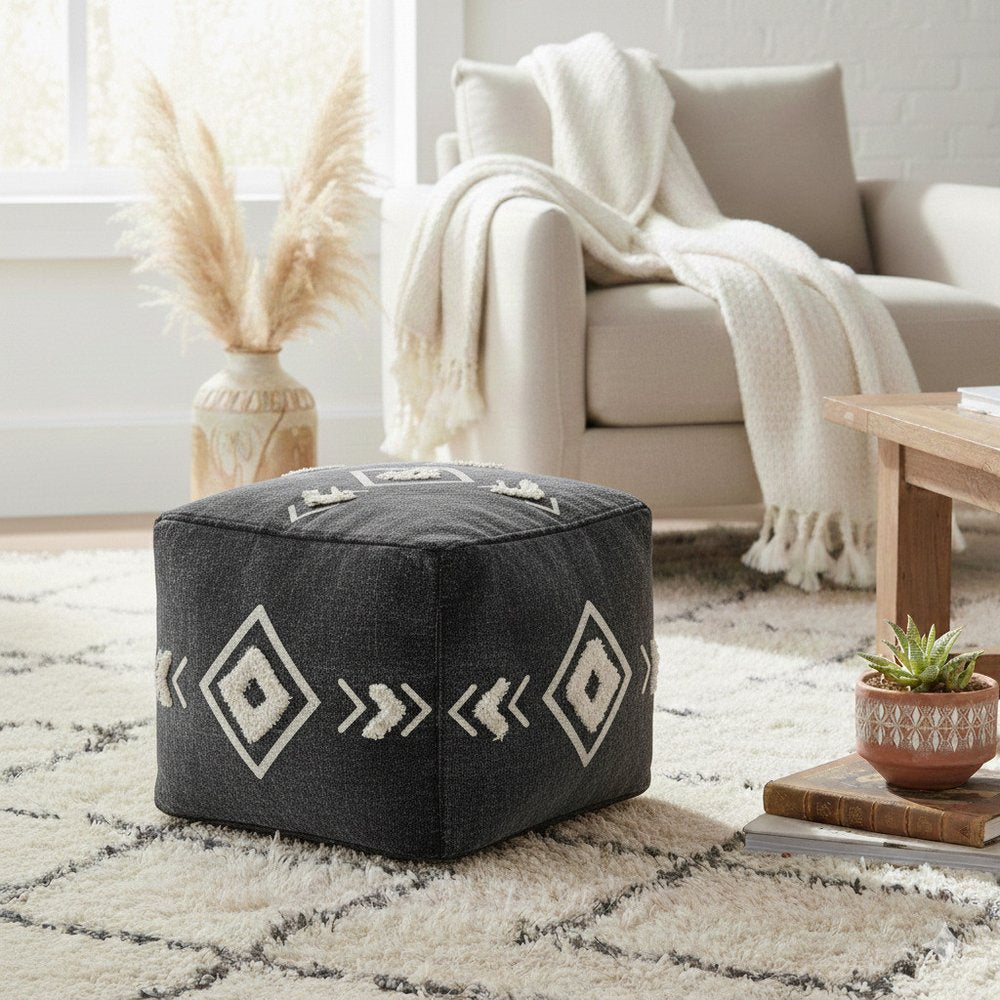 Black Cotton Geometric Pouf Ottoman - 18-inch