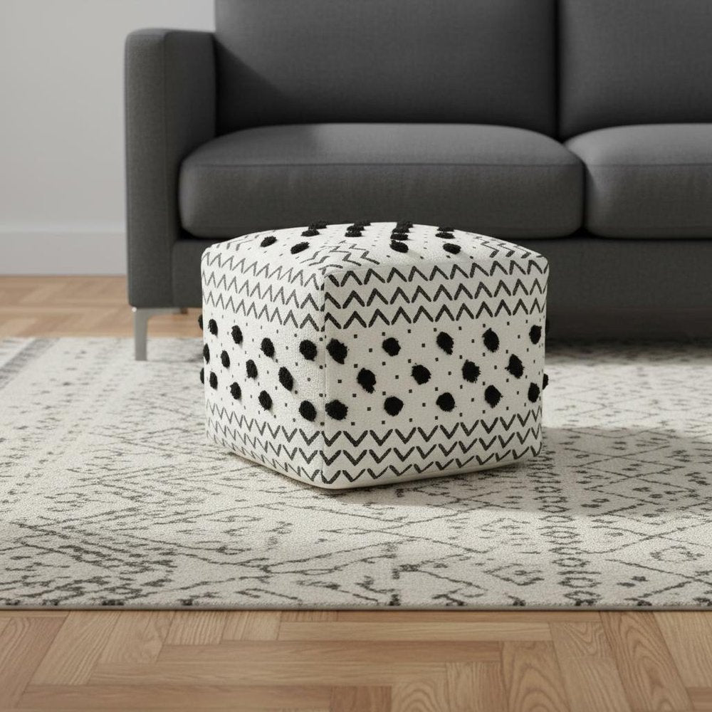 White Cotton Chevron Pouf Ottoman - 18-inch