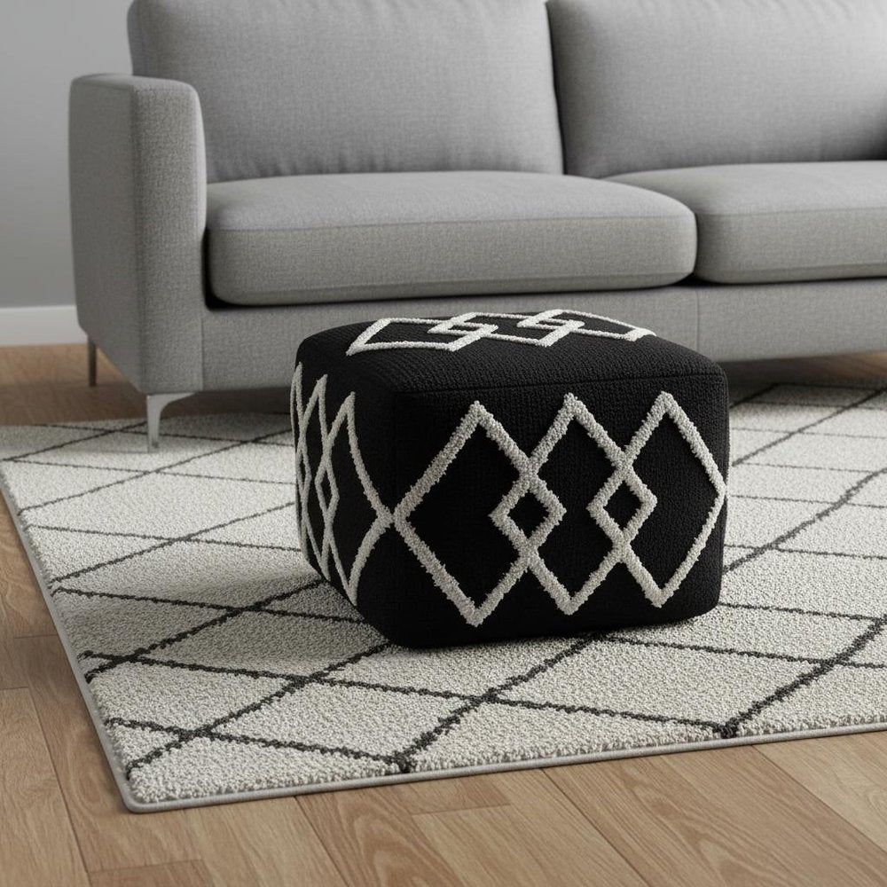 Black Cotton Geometric Pouf Ottoman - 18-inch