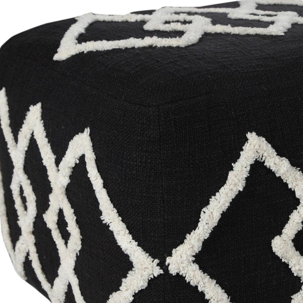 Black Cotton Geometric Pouf Ottoman - 18-inch