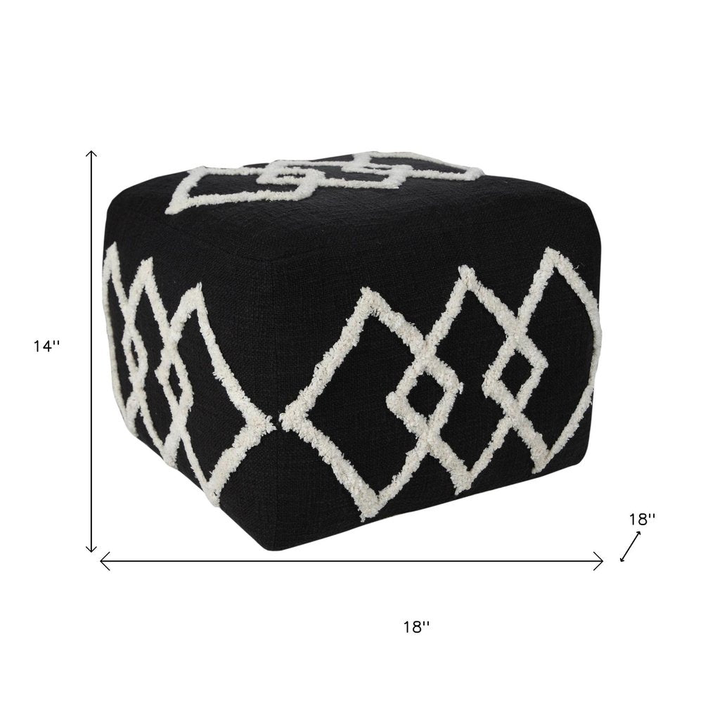 Black Cotton Geometric Pouf Ottoman - 18-inch