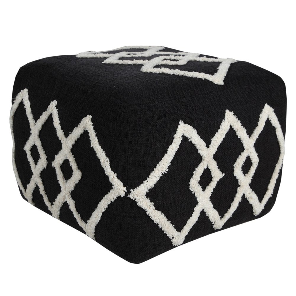 Black Cotton Geometric Pouf Ottoman - 18-inch