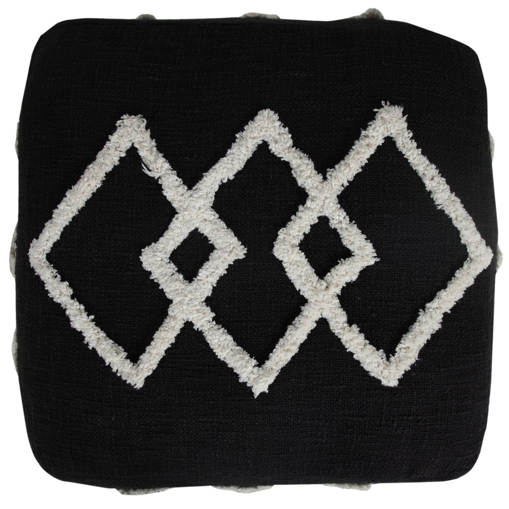 Black Cotton Geometric Pouf Ottoman - 18-inch