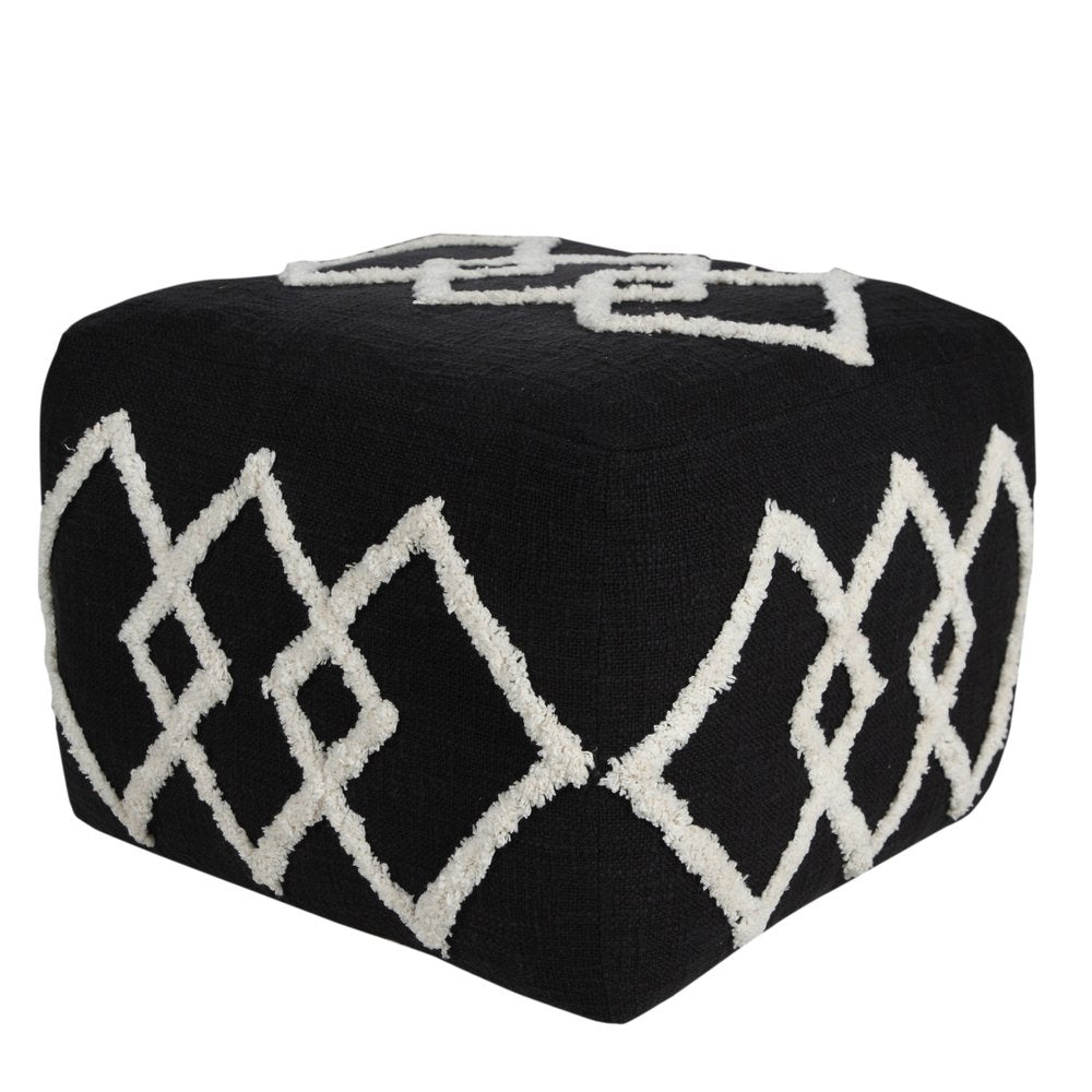 Black Cotton Geometric Pouf Ottoman - 18-inch