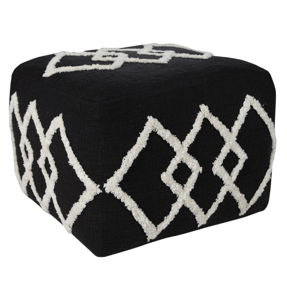 Black Cotton Geometric Pouf Ottoman - 18-inch