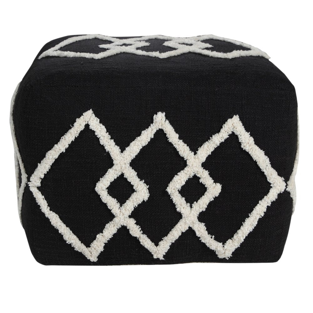 Black Cotton Geometric Pouf Ottoman - 18-inch