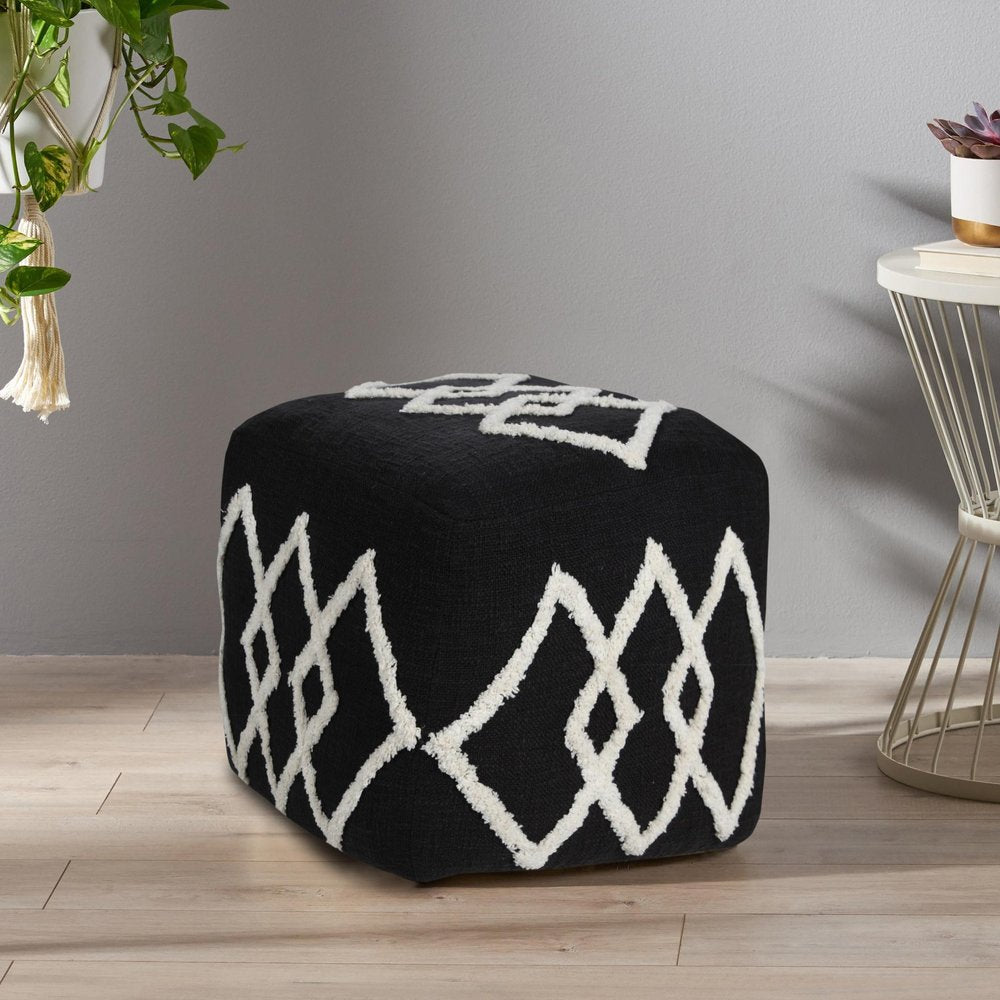 Black Cotton Geometric Pouf Ottoman - 18-inch
