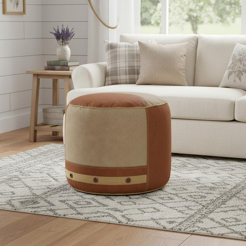 Tan Cotton Striped Cylinder Pouf Ottoman - 16-inch