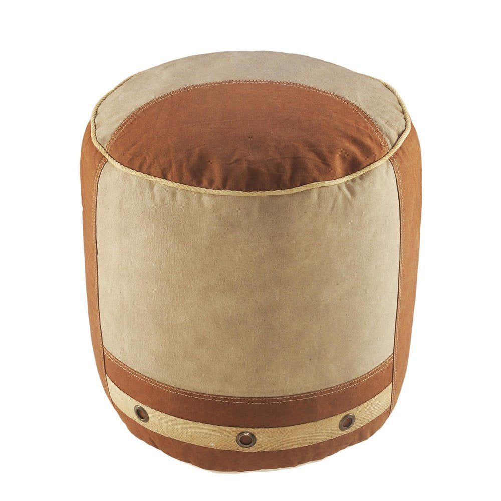 Tan Cotton Striped Cylinder Pouf Ottoman - 16-inch