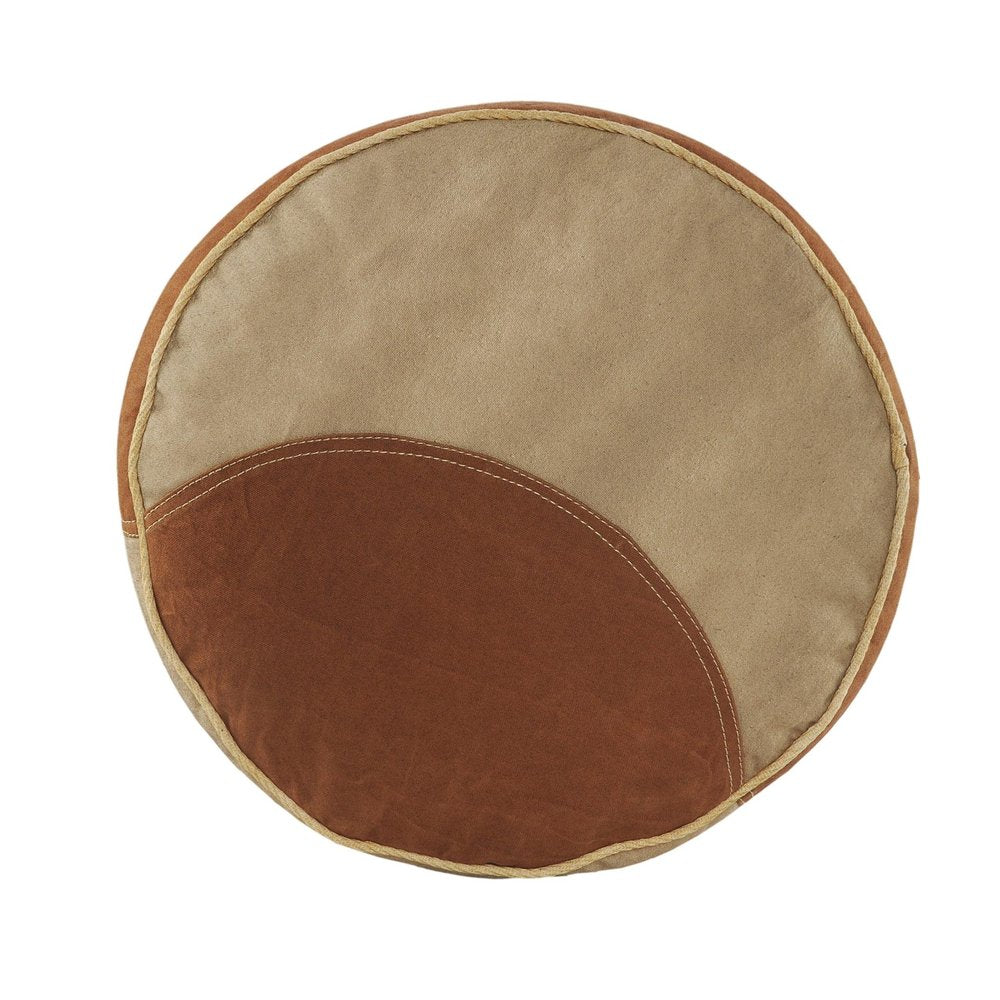 Tan Cotton Striped Cylinder Pouf Ottoman - 16-inch