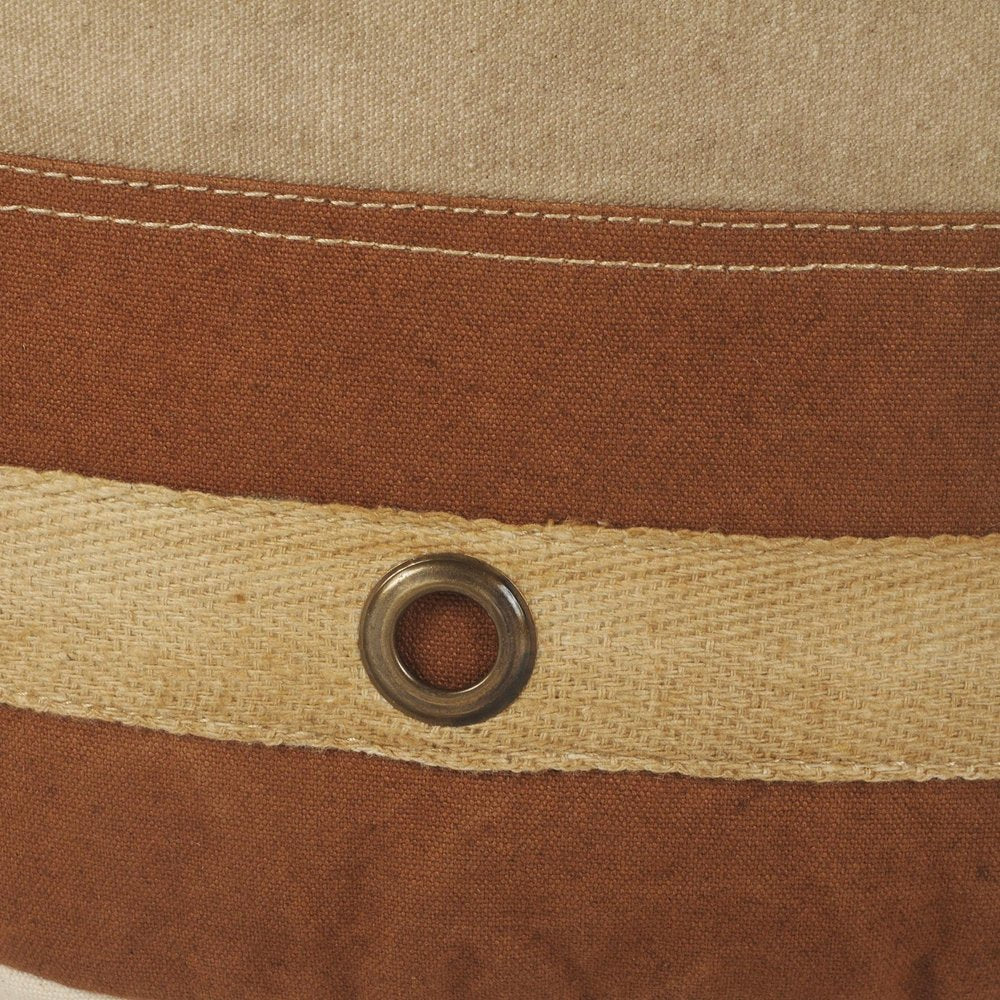 Tan Cotton Striped Cylinder Pouf Ottoman - 16-inch