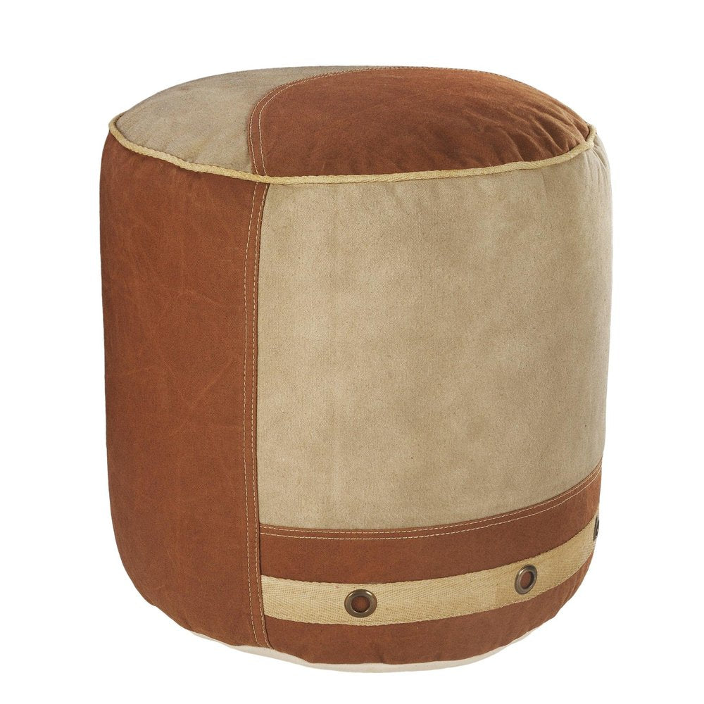 Tan Cotton Striped Cylinder Pouf Ottoman - 16-inch
